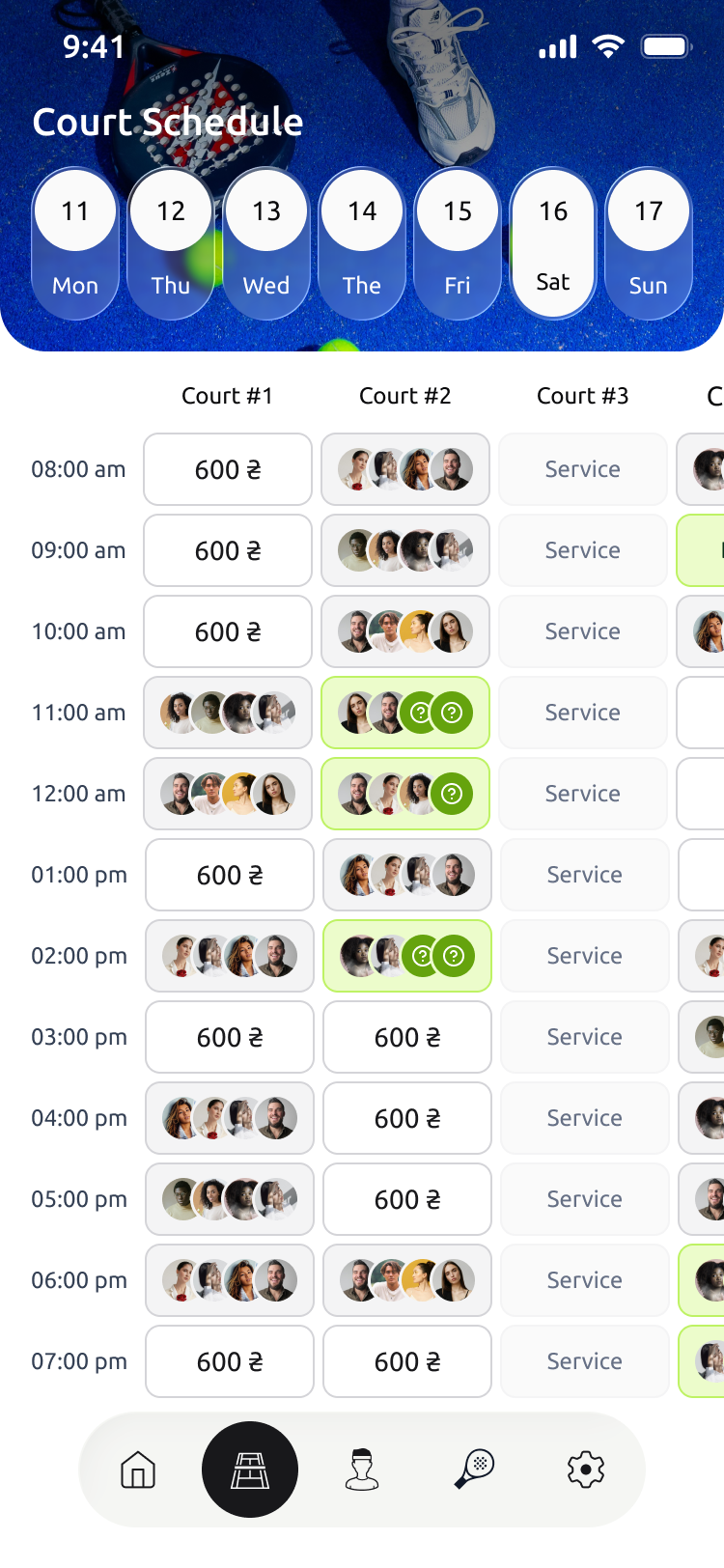 Court schedule β date picker, court grid, available slots